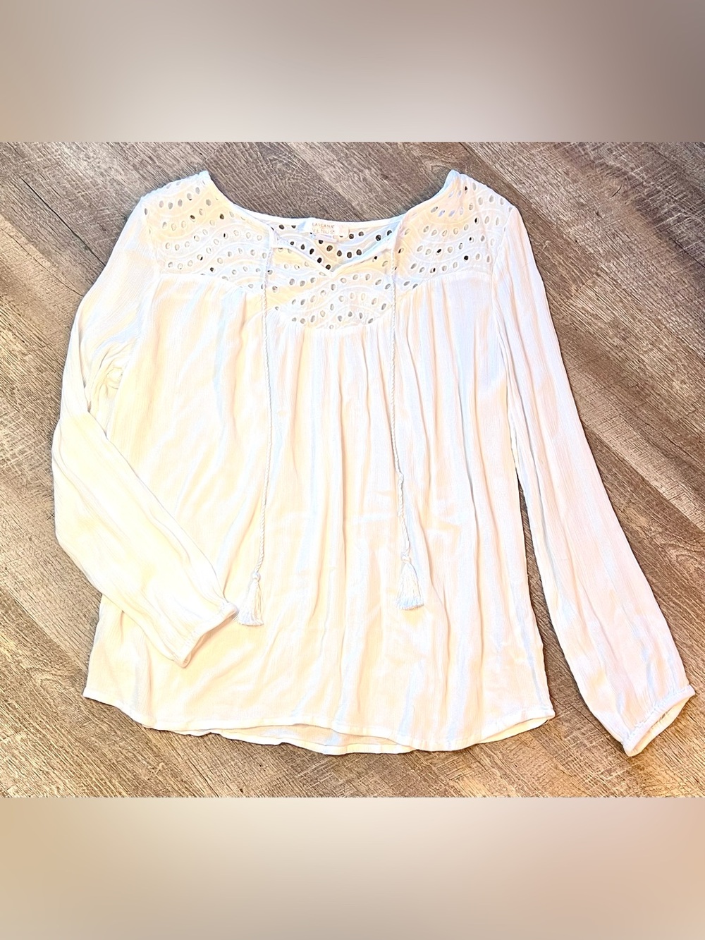 Lascana Venus White Eyelet Boho Tassel Blouse Long Sleeve Women’s L - Picture 2 of 11